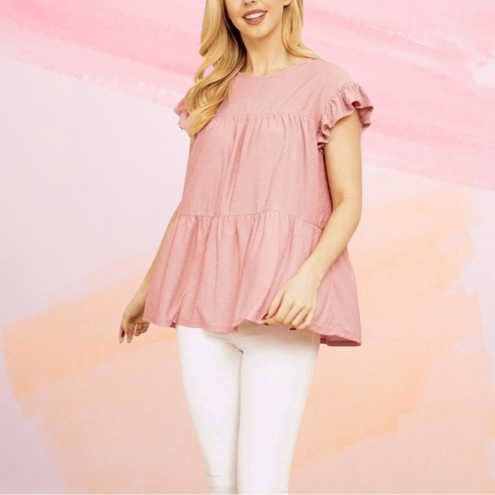 Perfect Peach Swiss Dot Ruffle Cap Sleeve Tiered Top Women’s Plus 1X Dusty Pink